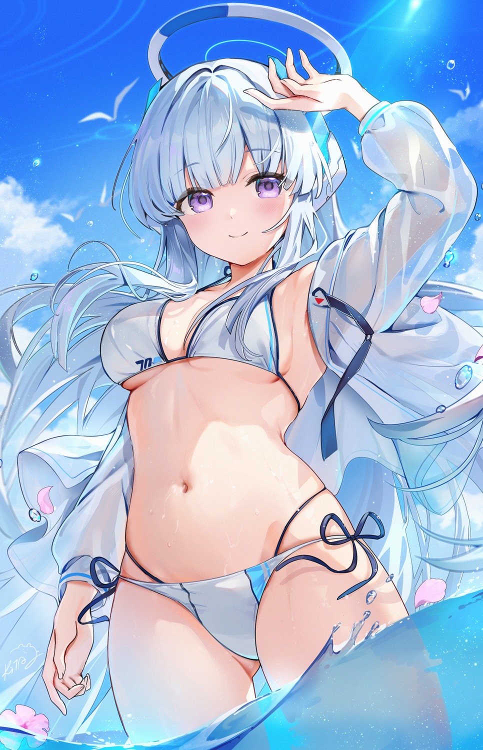 bikini blue_archive halo kita_(kitairoha) open_shirt see_through swimsuits ushio_noa wet