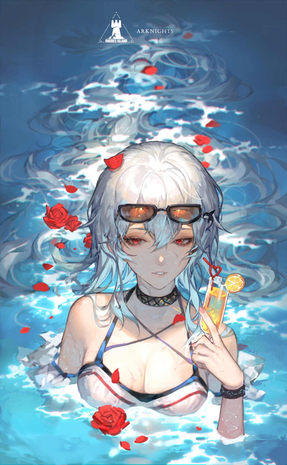 arknights cleavage megane skadi_(arknights) spade-m wet