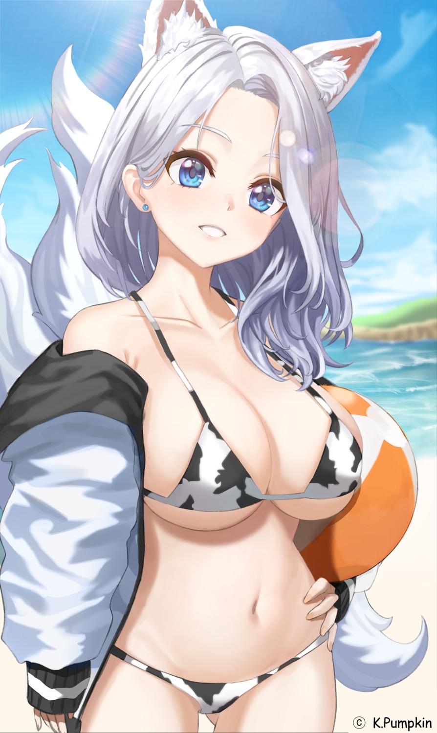 animal_ears bikini k.pumpkin kitsune open_shirt swimsuits tail