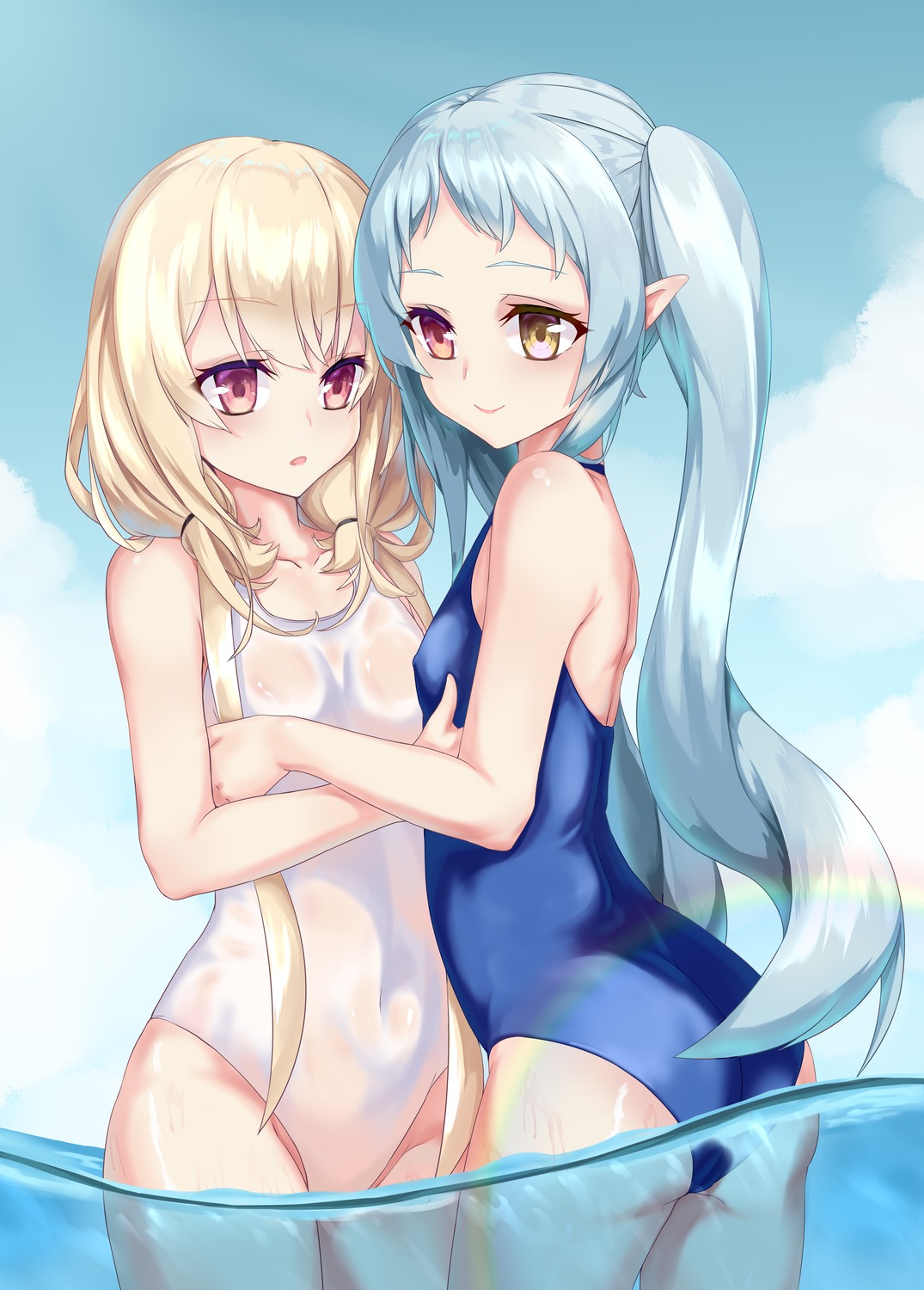 ass chucolala enfer_mirei heterochromia jawr8473 loli pointy_ears see_through suzumiya_rin swimsuits wet yuri