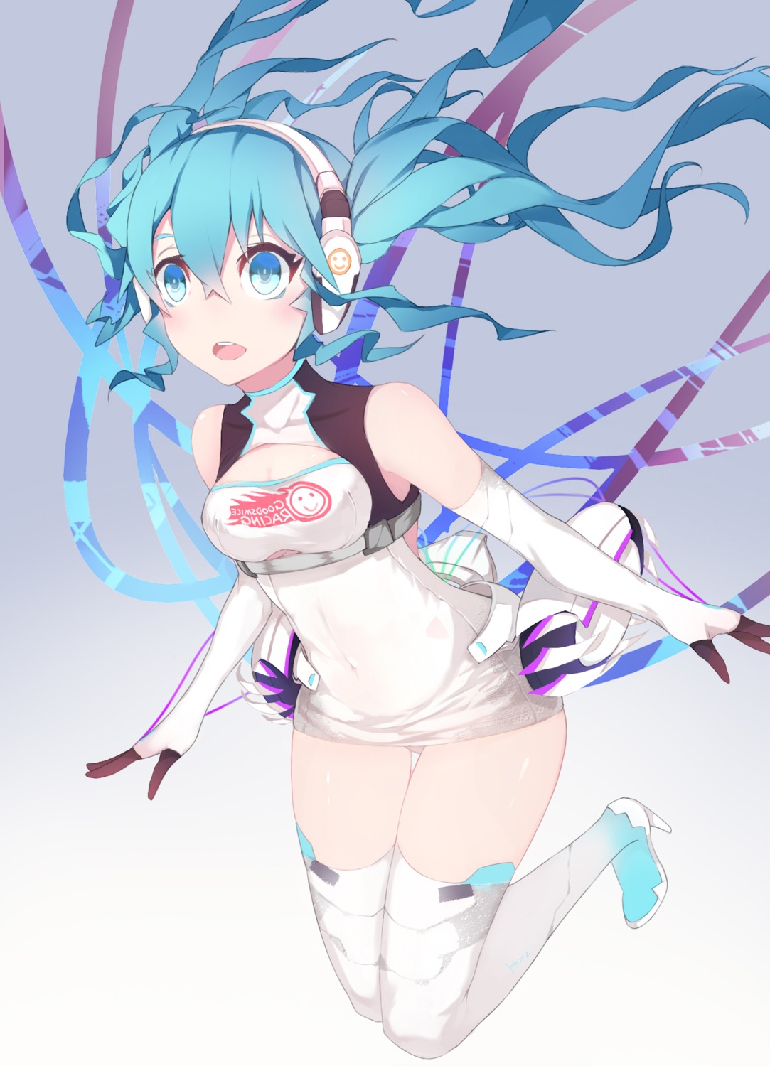 cleavage dress goodsmile_racing hatsune_miku headphones heels pantsu racing_miku thighhighs vocaloid