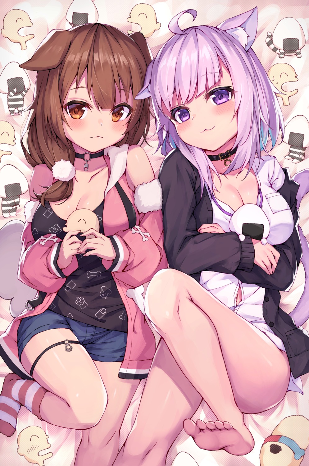 animal_ears breast_hold cleavage garter hololive hololive_gamers inugami_korone inumimi masaki_(msk064) nekomata_okayu nekomimi open_shirt tail