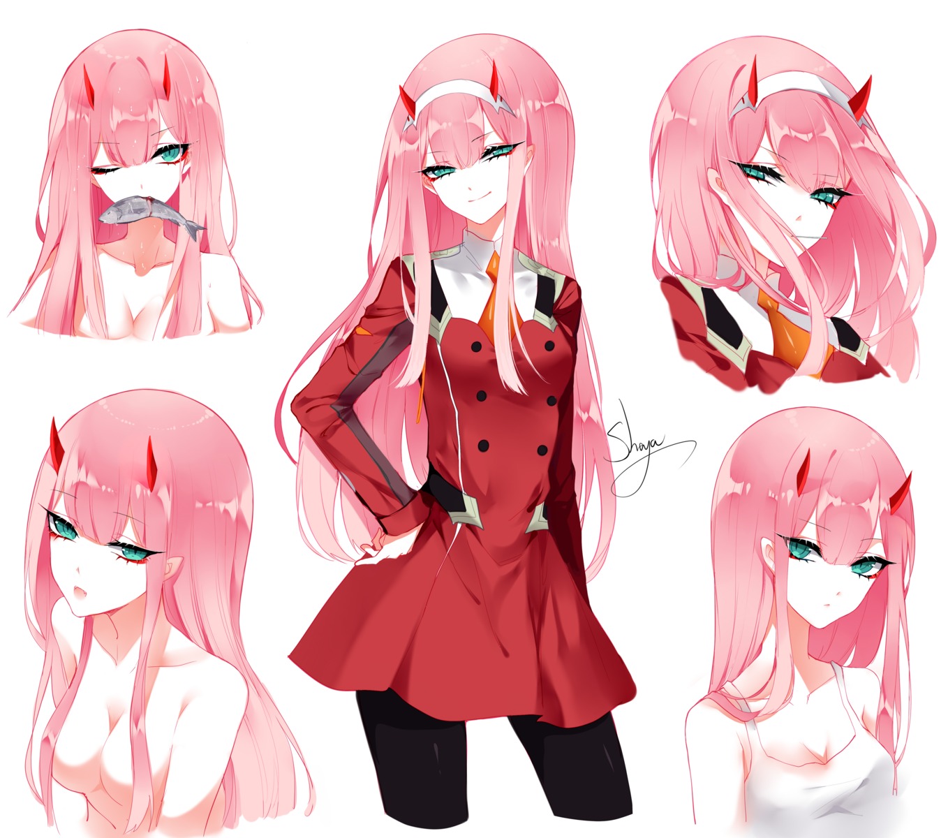 character_design cleavage darling_in_the_franxx expression horns naked pantyhose sheya uniform zero_two_(darling_in_the_franxx)