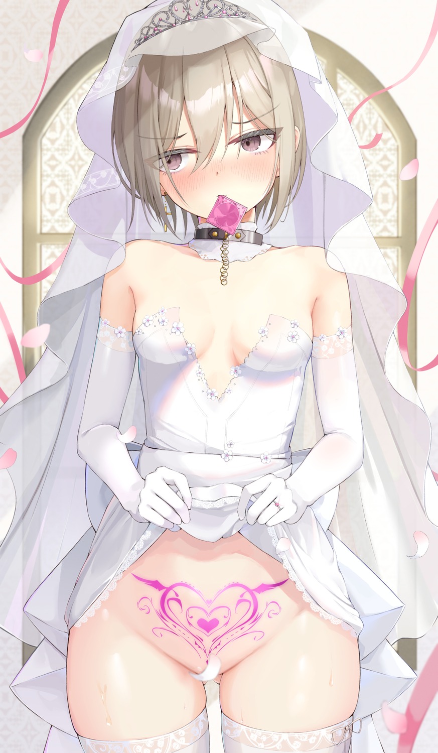 akie_aki censored dress nopan skirt_lift tattoo thighhighs wedding_dress