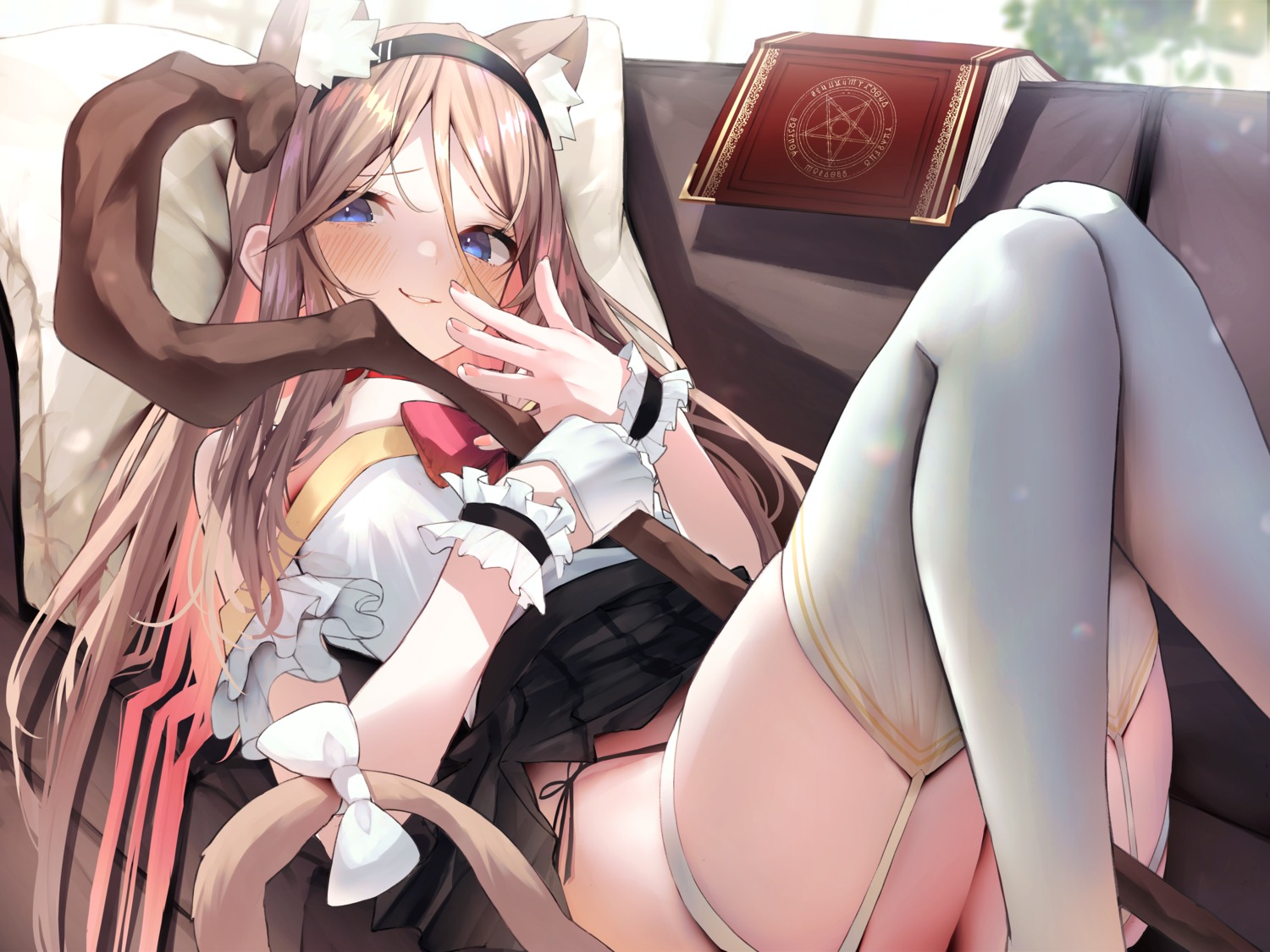 animal_ears nekomimi nidaime no_bra pantsu skirt_lift stockings string_panties tail thighhighs weapon