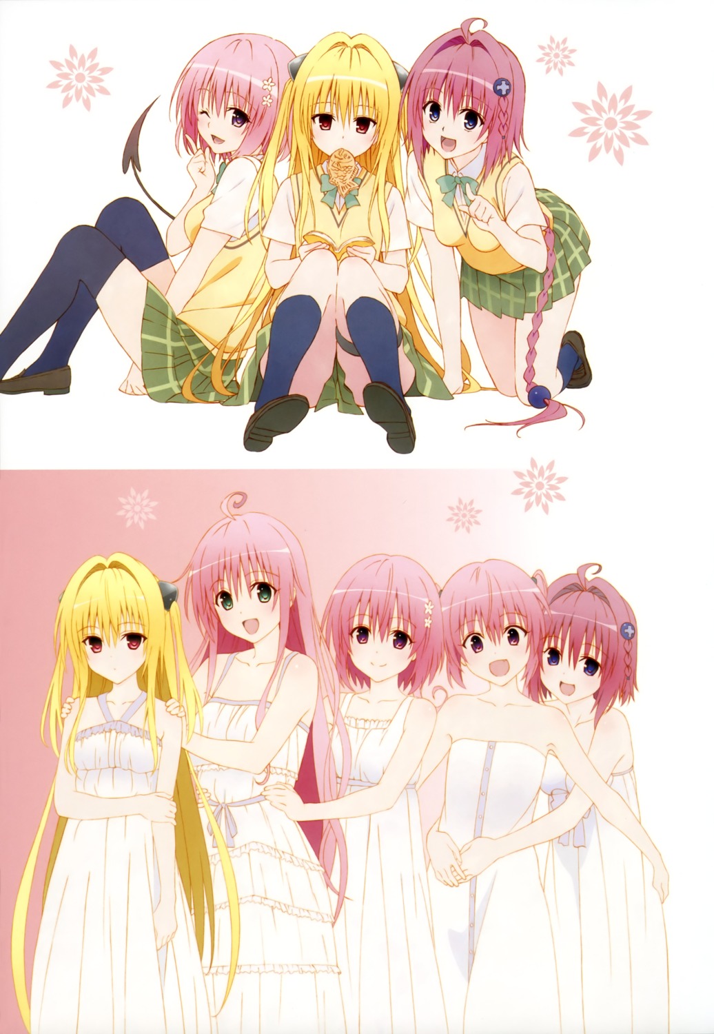 dress garter golden_darkness kurosaki_mea lala_satalin_deviluke momo_velia_deviluke nana_asta_deviluke seifuku summer_dress tail thighhighs to_love_ru