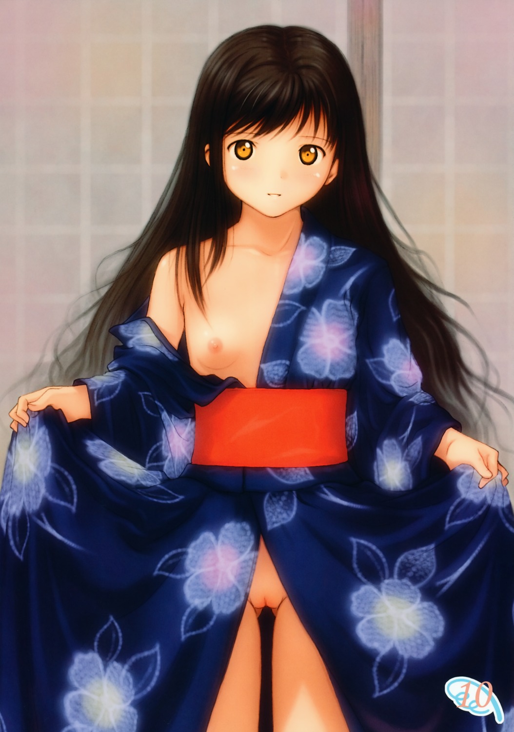 breasts loli nipples no_bra nopan open_shirt pussy sage_(circle) yukata yuuji
