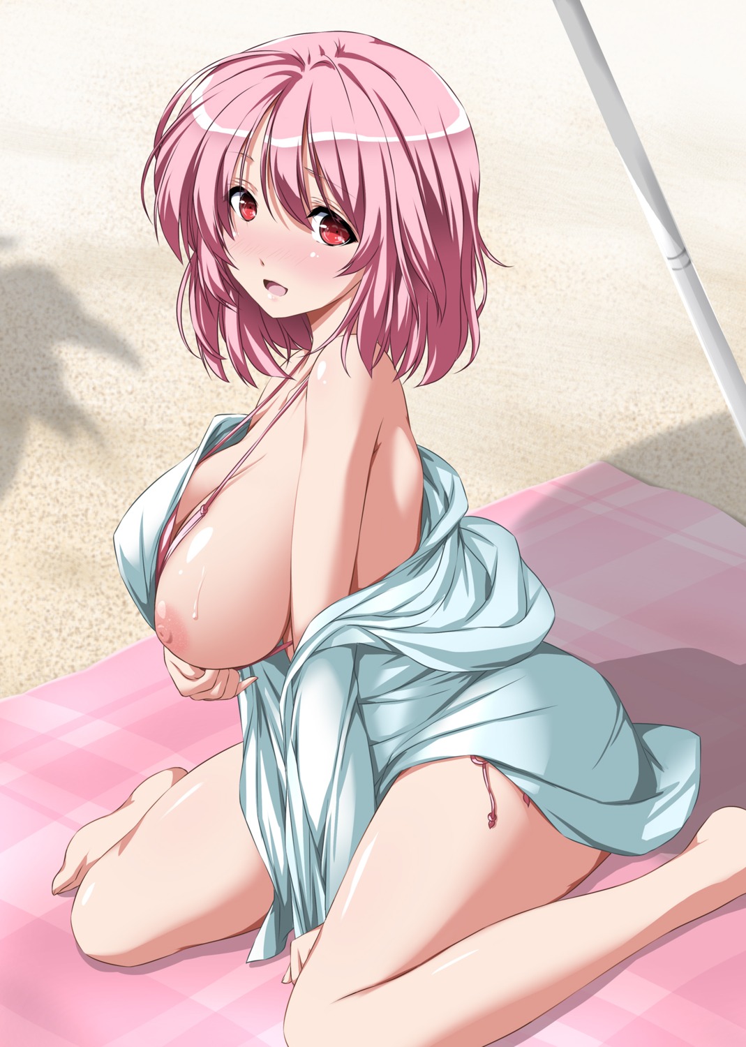 bikini breasts nipples nori_tamago open_shirt saigyouji_yuyuko swimsuits touhou