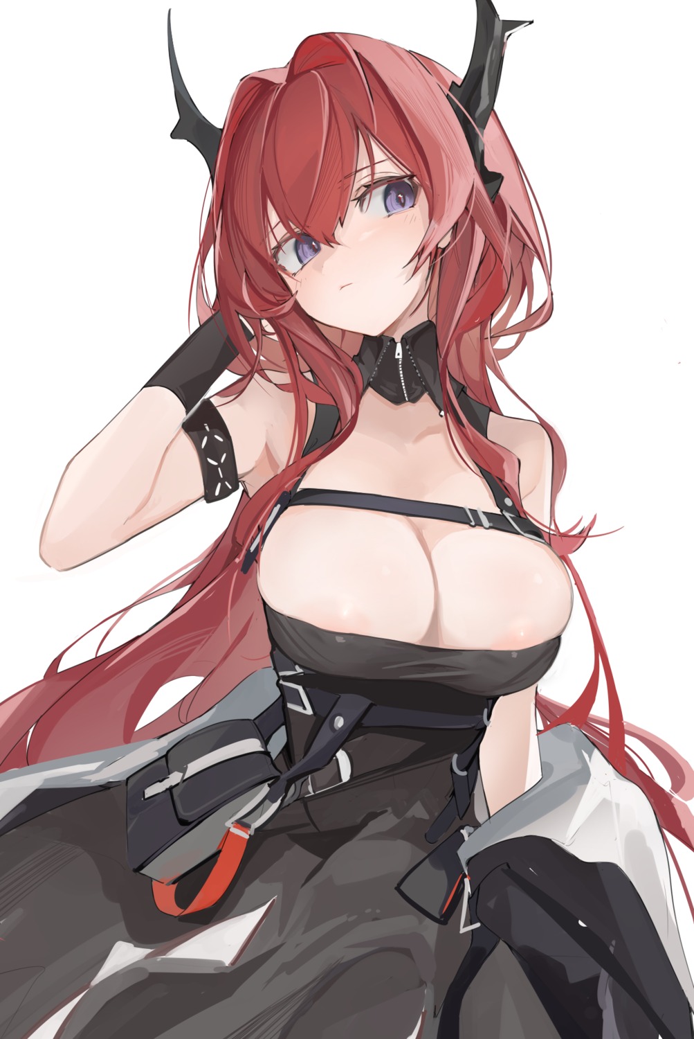 areola arknights devil dress erect_nipples horns mikojin no_bra surtr_(arknights)