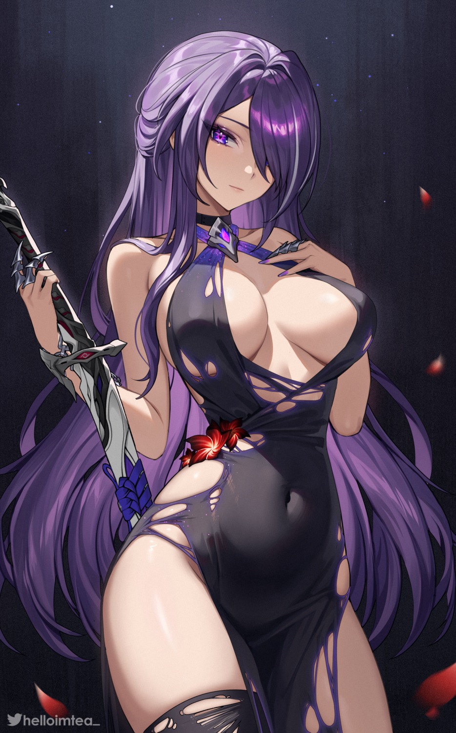 acheron dress helloimtea honkai:_star_rail no_bra nopan sword thighhighs torn_clothes