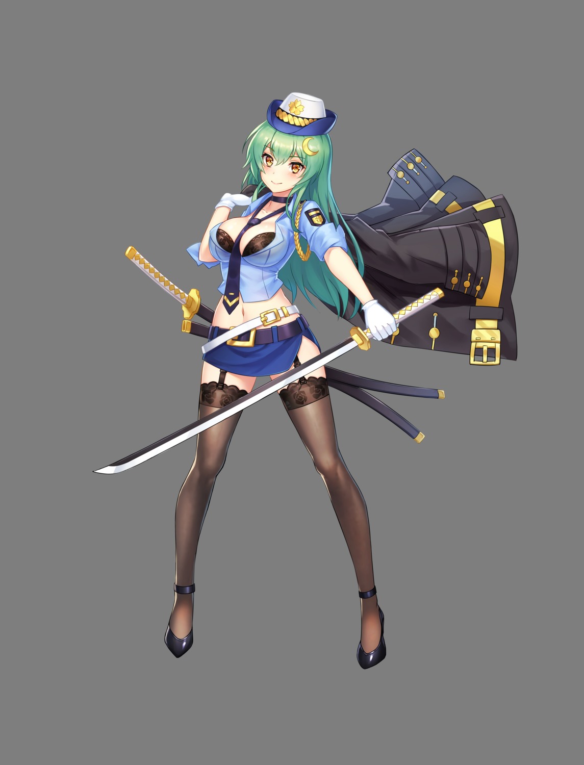 bra open_shirt police_uniform sramy stockings sword thighhighs