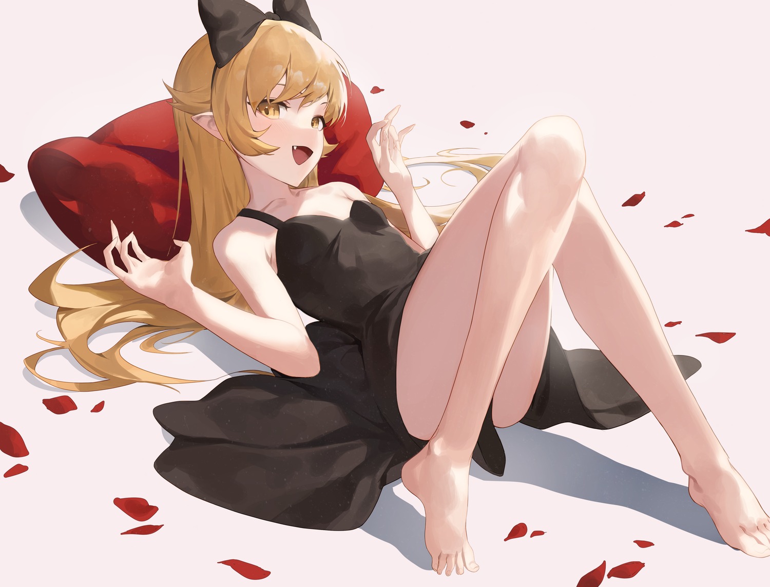 bakemonogatari dress feet loli monogatari_(series) no_bra oshino_shinobu pointy_ears sb_lama skirt_lift