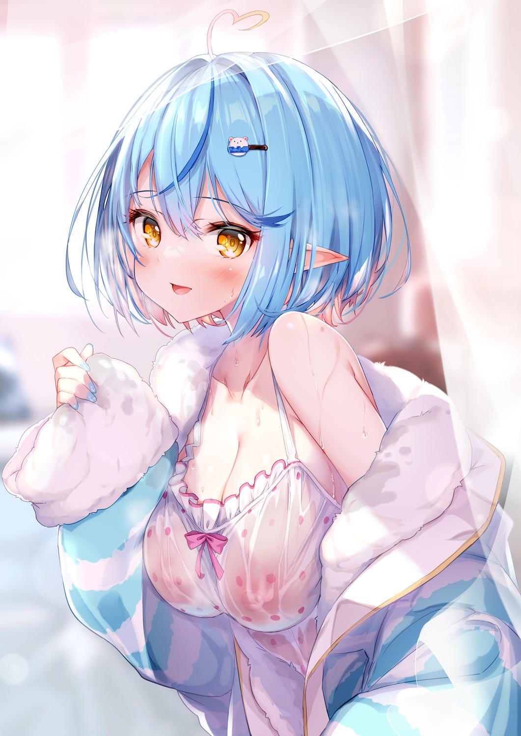 hololive hong_(white_spider) nipples open_shirt pointy_ears see_through wet wet_clothes yukihana_lamy