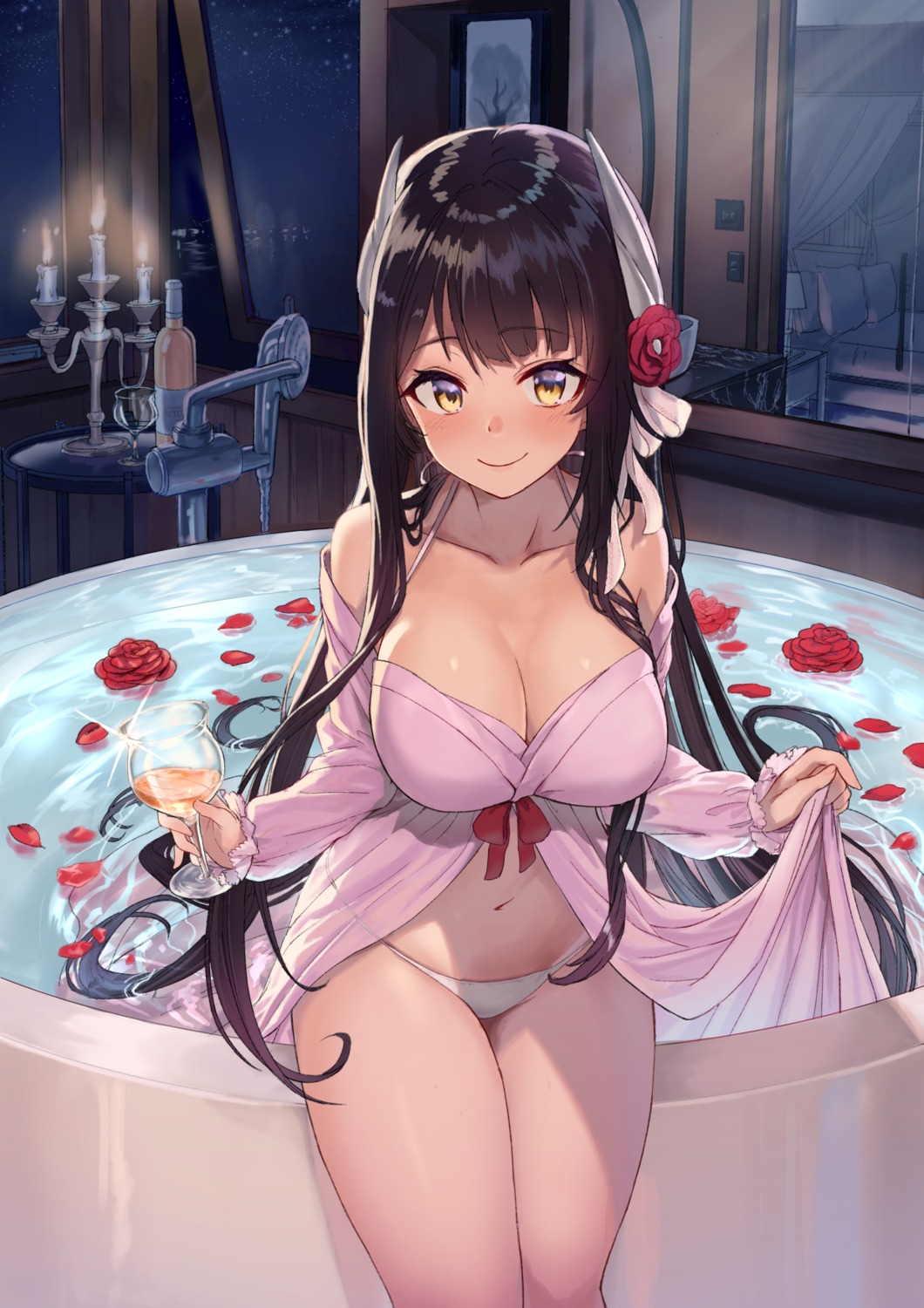 ayul_(ayulneri_92) azur_lane bikini cleavage hiei_(azur_lane) horns open_shirt see_through skirt_lift swimsuits wet_clothes