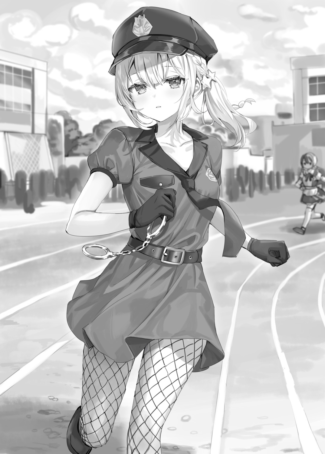 fishnets miyamae_nonoa momoko_(momopoco) monochrome pantyhose police_uniform seifuku thighhighs tokidoki_bosotto_roshia-go_de_dereru_tonari_no_alya-san