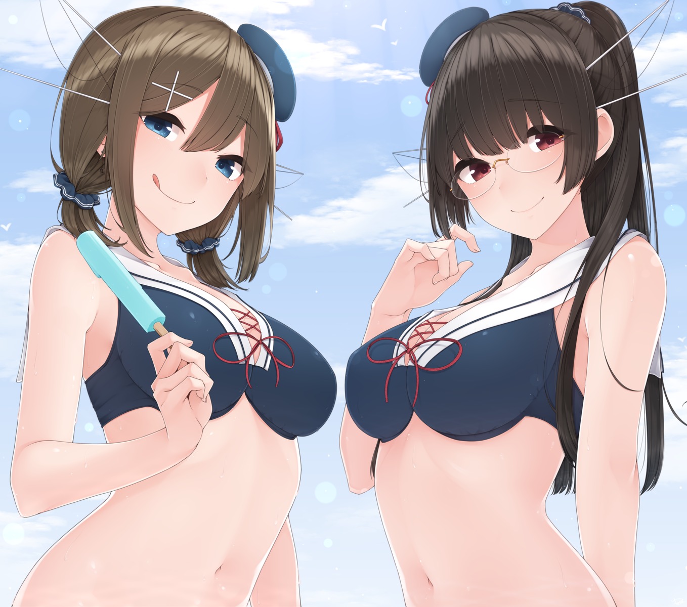 bikini_top choukai_(kancolle) cleavage kantai_collection maya_(kancolle) megane swimsuits yukichi_(sukiyaki39)