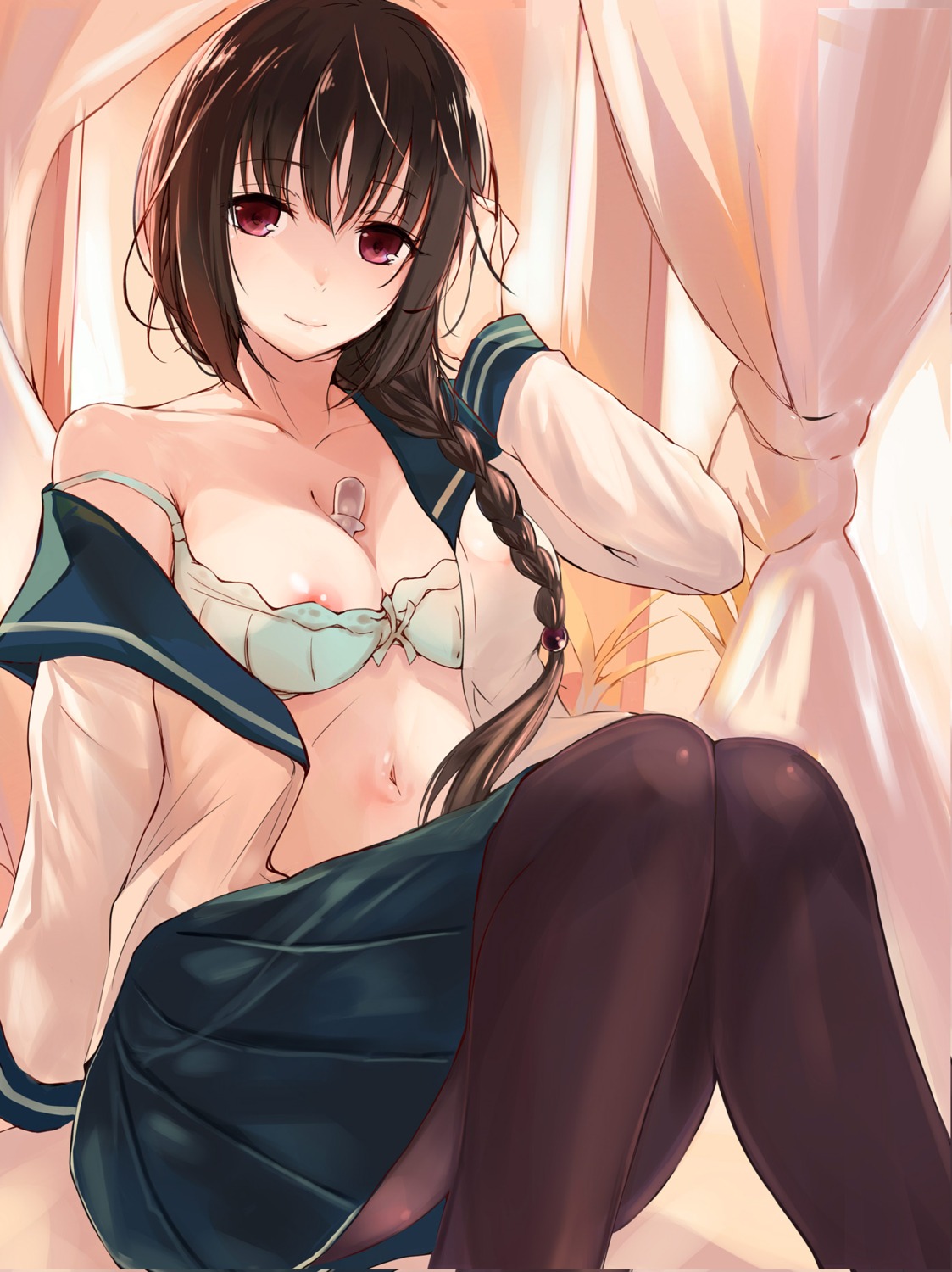 bra nipples open_shirt pantyhose seifuku tsuzuri wardrobe_malfunction