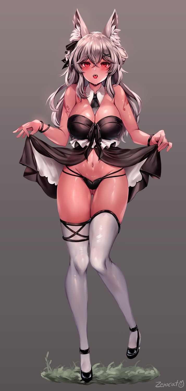 animal_ears cleavage garter pantsu skirt_lift tattoo thighhighs zerocat