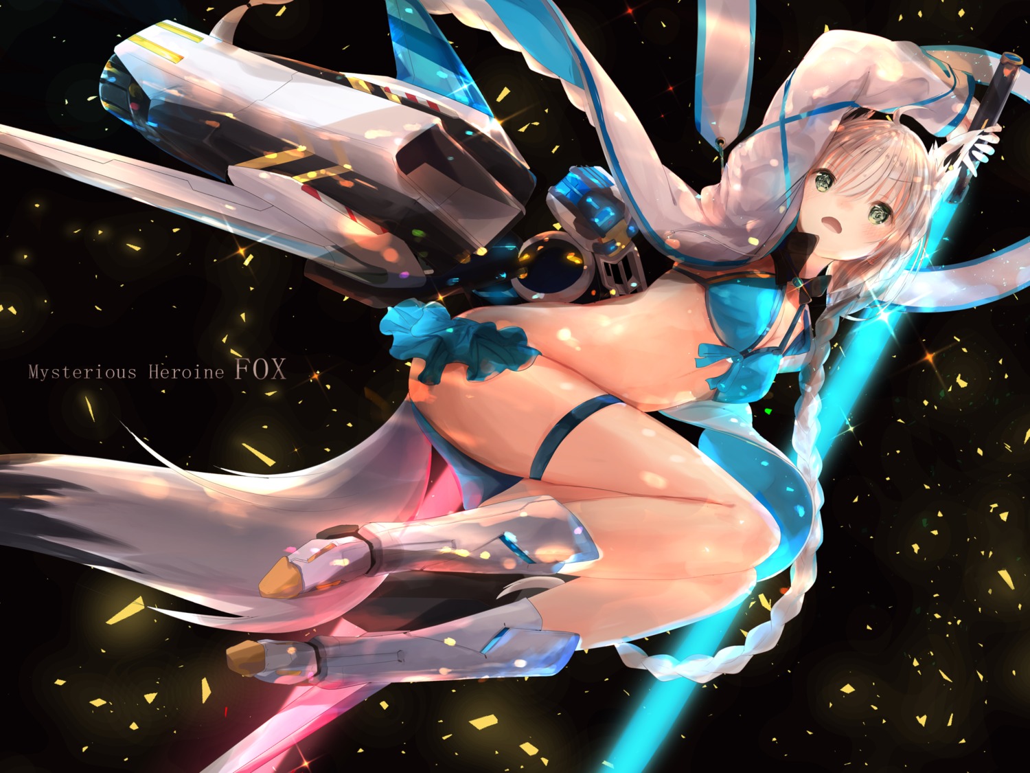 animal_ears bikini cleavage garter hololive hololive_gamers kitsune open_shirt shirakami_fubuki swimsuits sword tagme tail