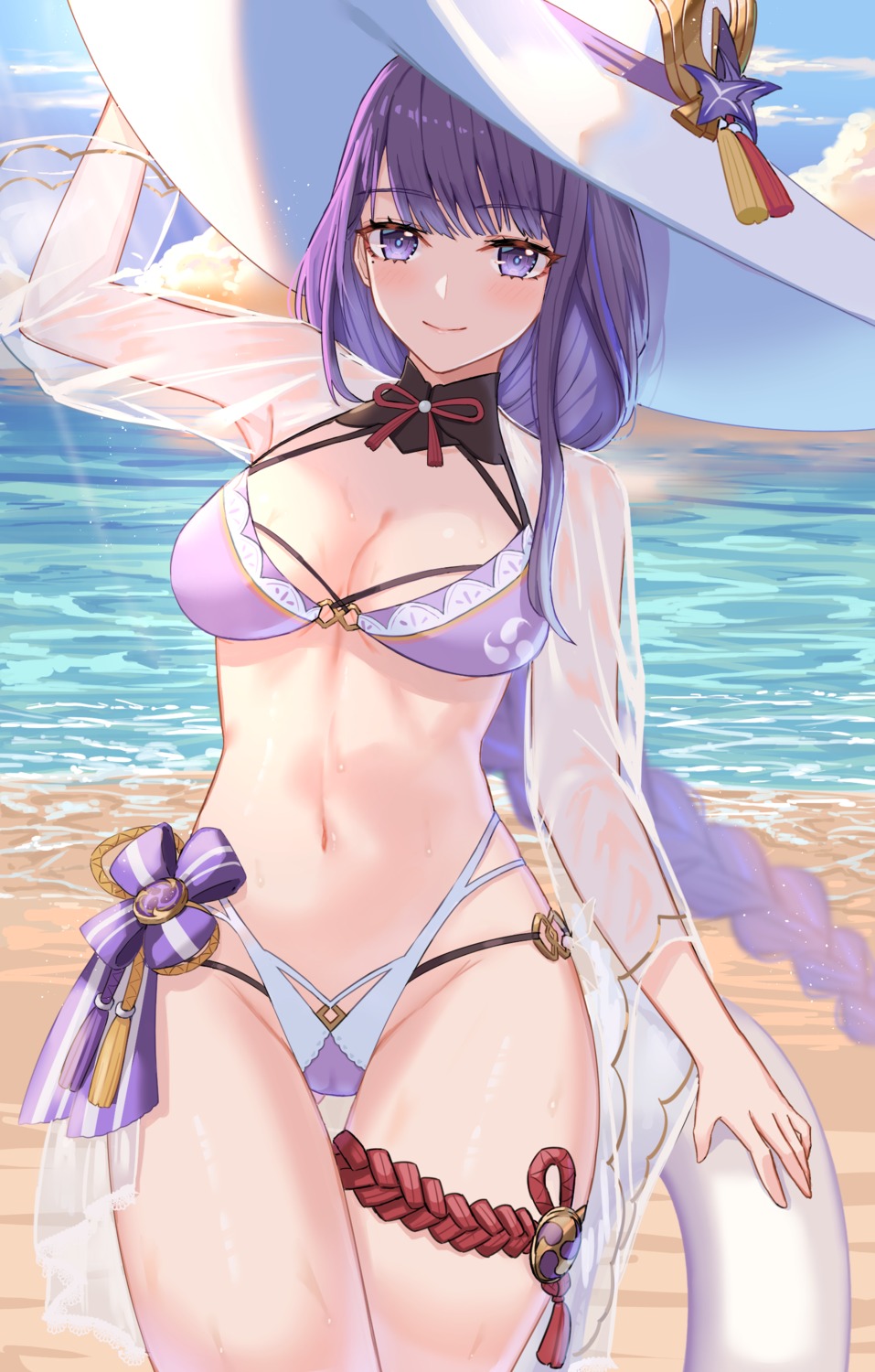 bikini cameltoe garter genshin_impact kuwahara_taiki raiden_shogun see_through swimsuits