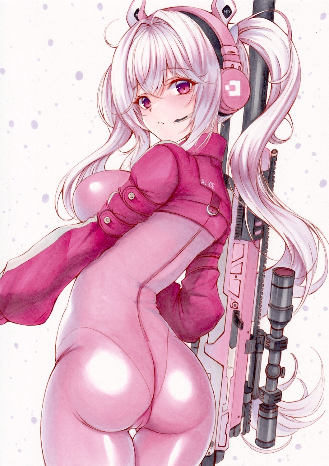 alice_(nikke) animal_ears ass bodysuit cameltoe goddess_of_victory:_nikke gun headphones yosaku_vs_hina