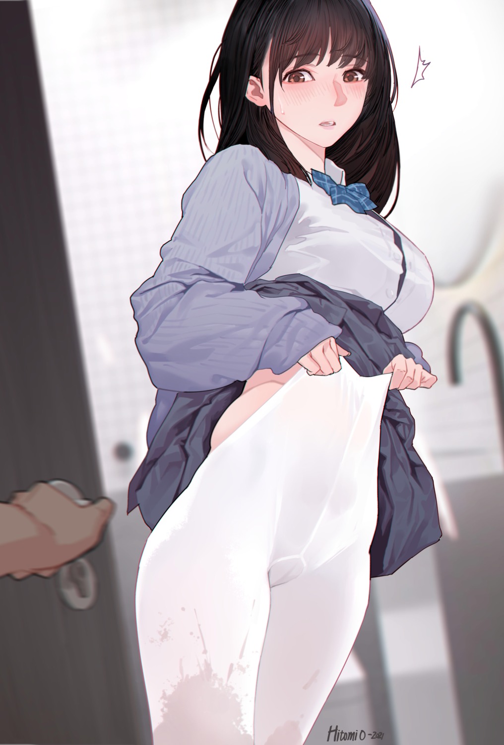 hitomi_o pantyhose seifuku skirt_lift sweater undressing wet_clothes