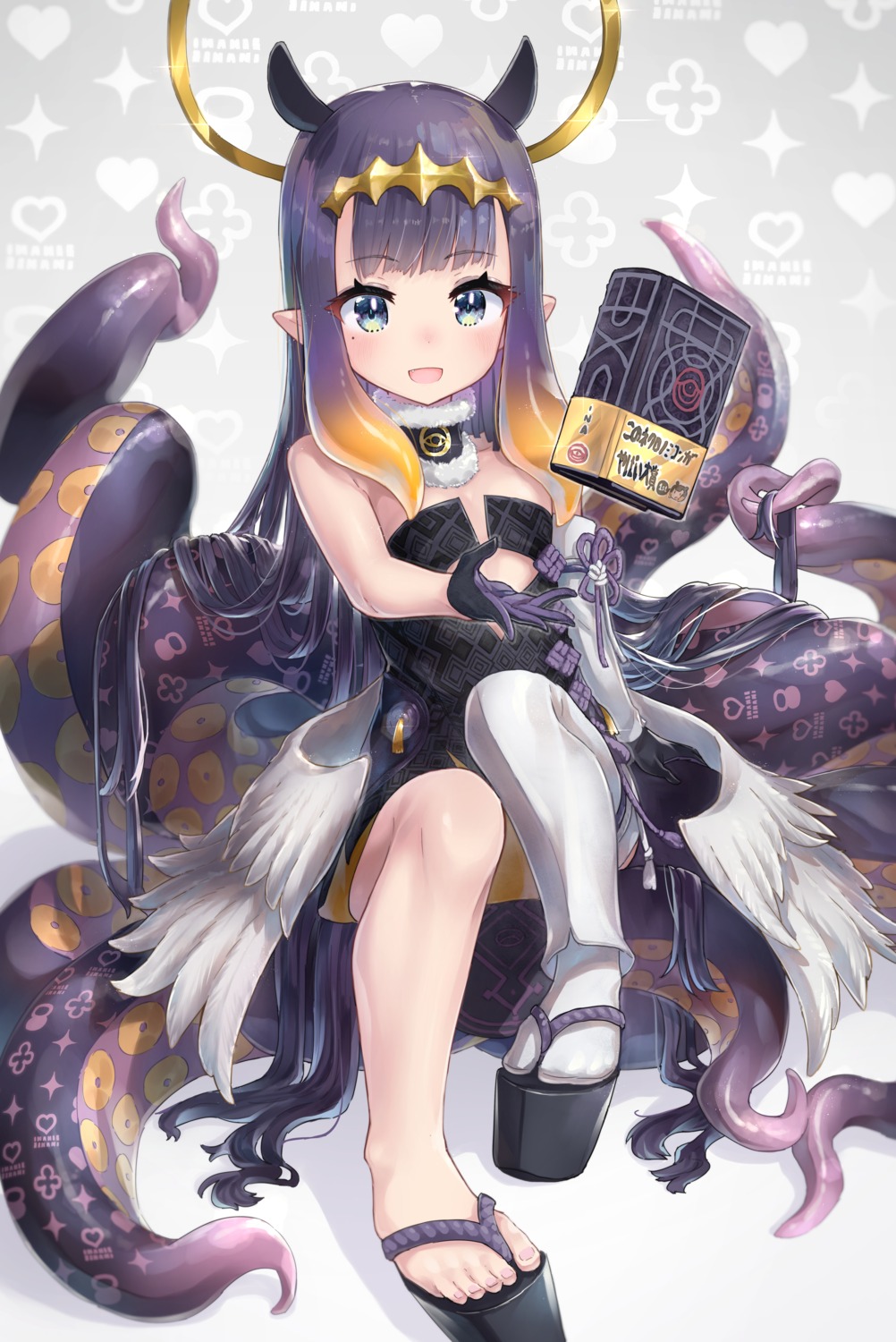 angel garter hatsuga_(dmaigmai) hololive hololive_english loli ninomae_ina'nis pointy_ears skirt_lift tentacles thighhighs wings