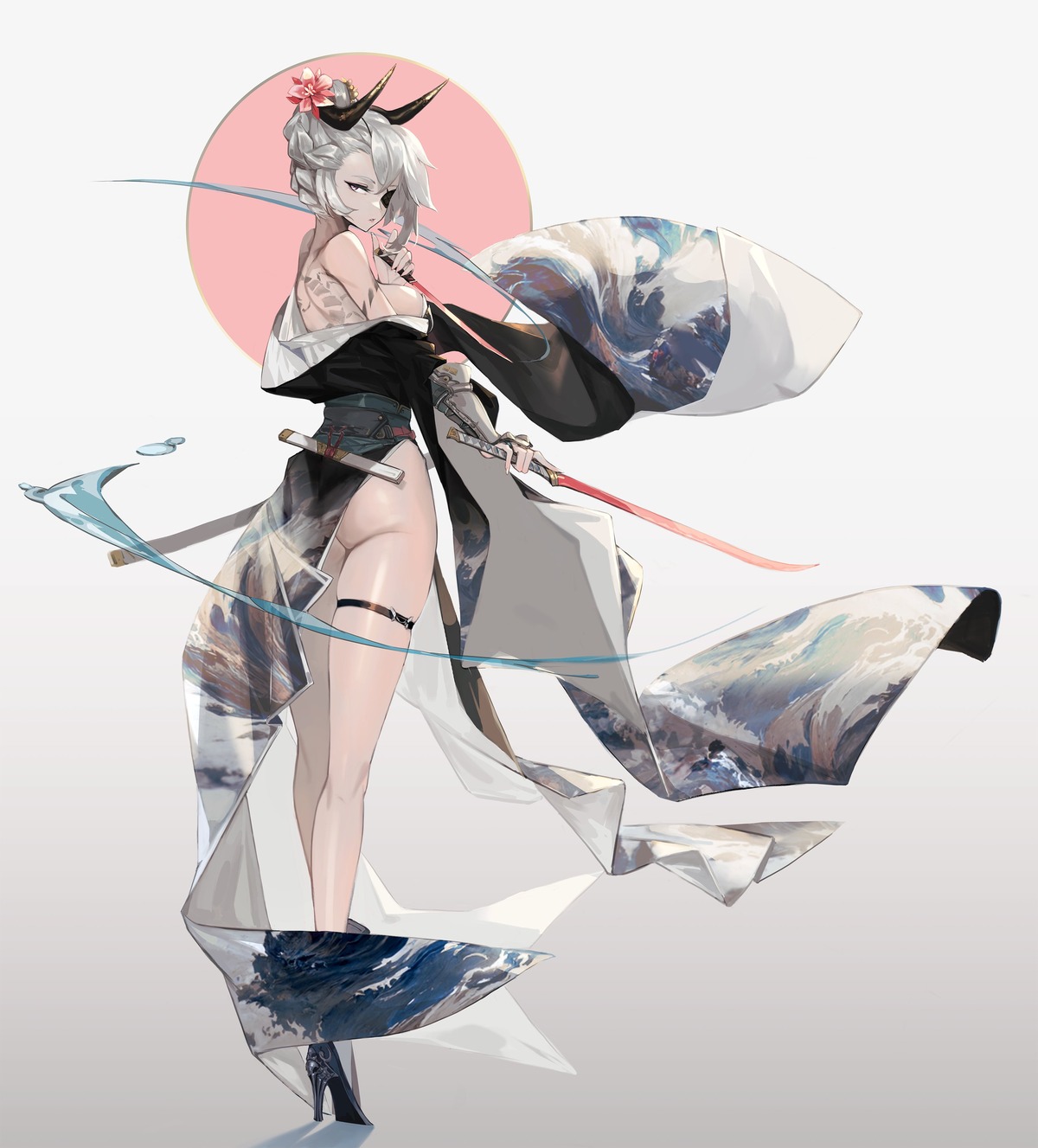 ass bamuth eyepatch garter heels horns japanese_clothes no_bra nopan open_shirt sword tattoo