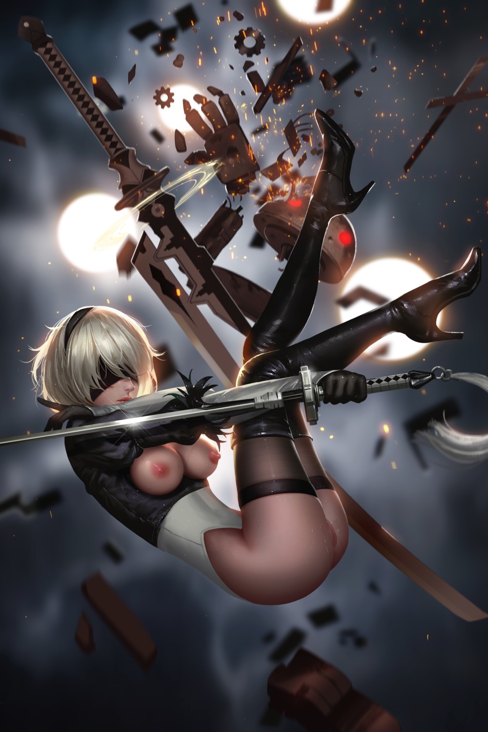 ass blood breasts dress heels leotard liang_xing mecha nier nier_automata nipples no_bra nopan open_shirt pussy sword thighhighs uncensored wet yorha_no.2_type_b