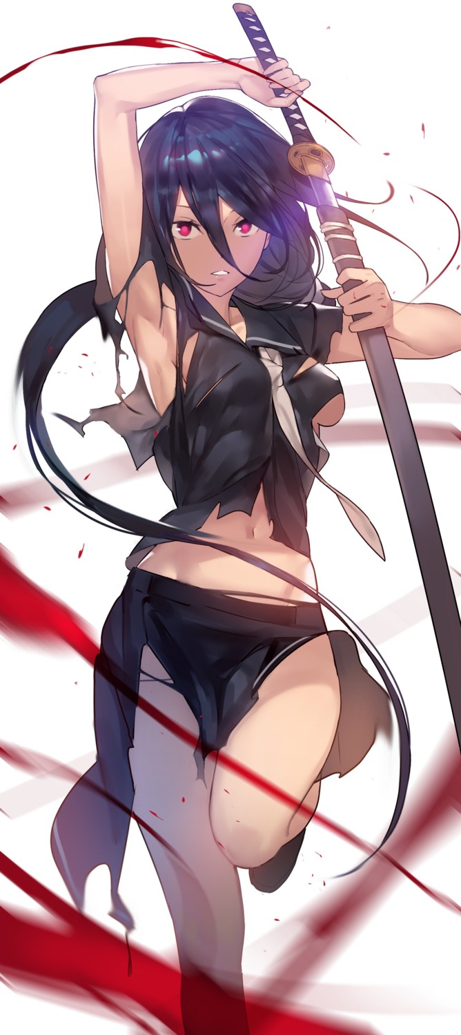 blood jandy no_bra seifuku sword torn_clothes