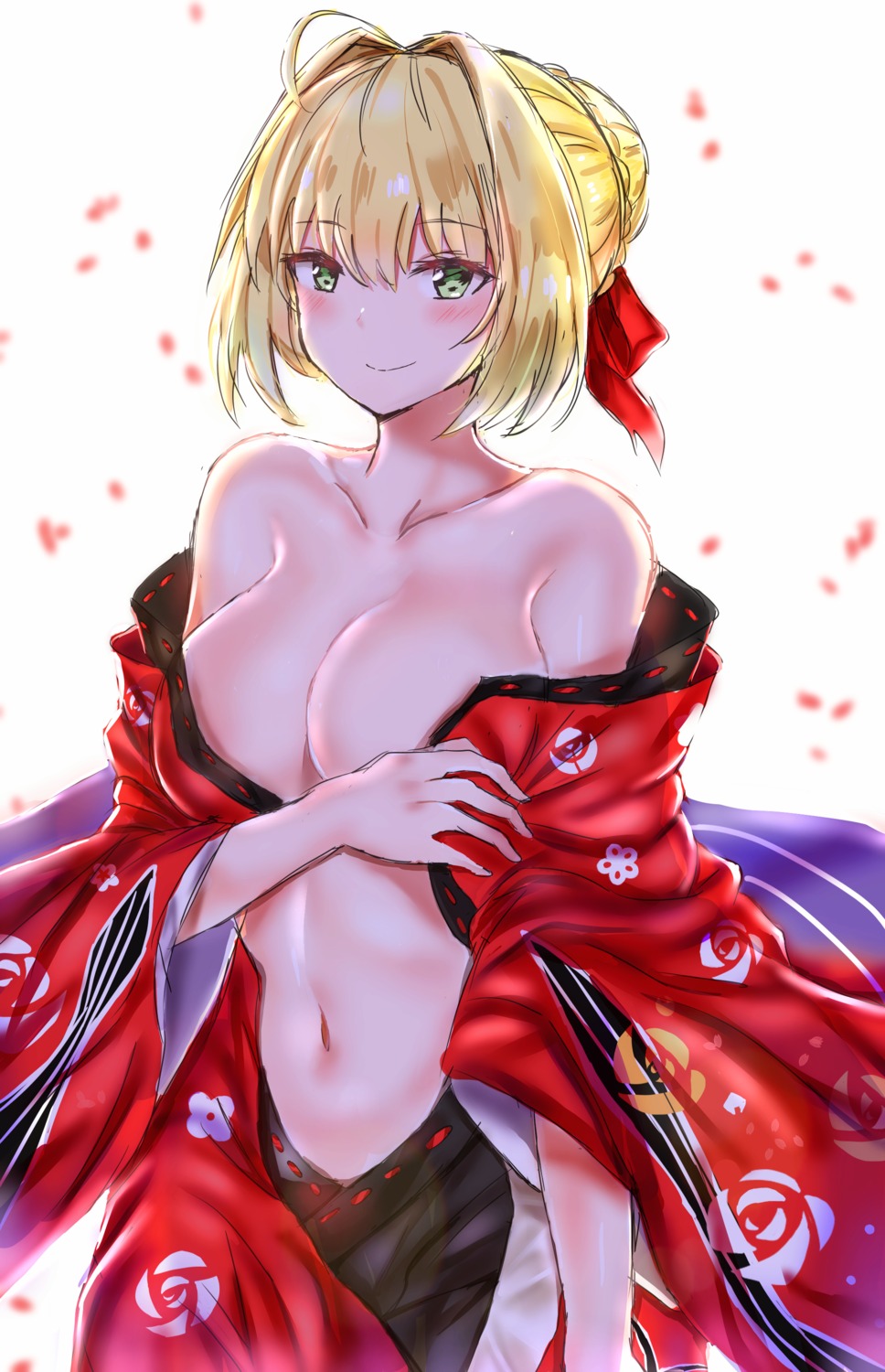 breast_hold farys_(afopahqfw) fate/extra fate/stay_night japanese_clothes no_bra open_shirt saber_extra