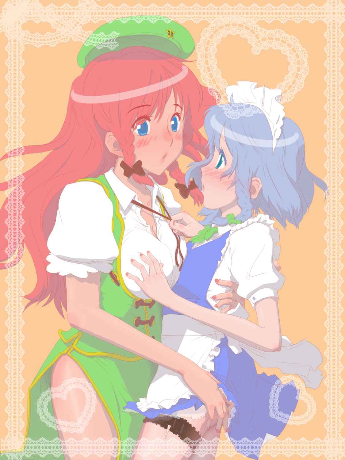 breast_grab hong_meiling izayoi_sakuya maid skirt_lift touhou uzzy_corn yuri