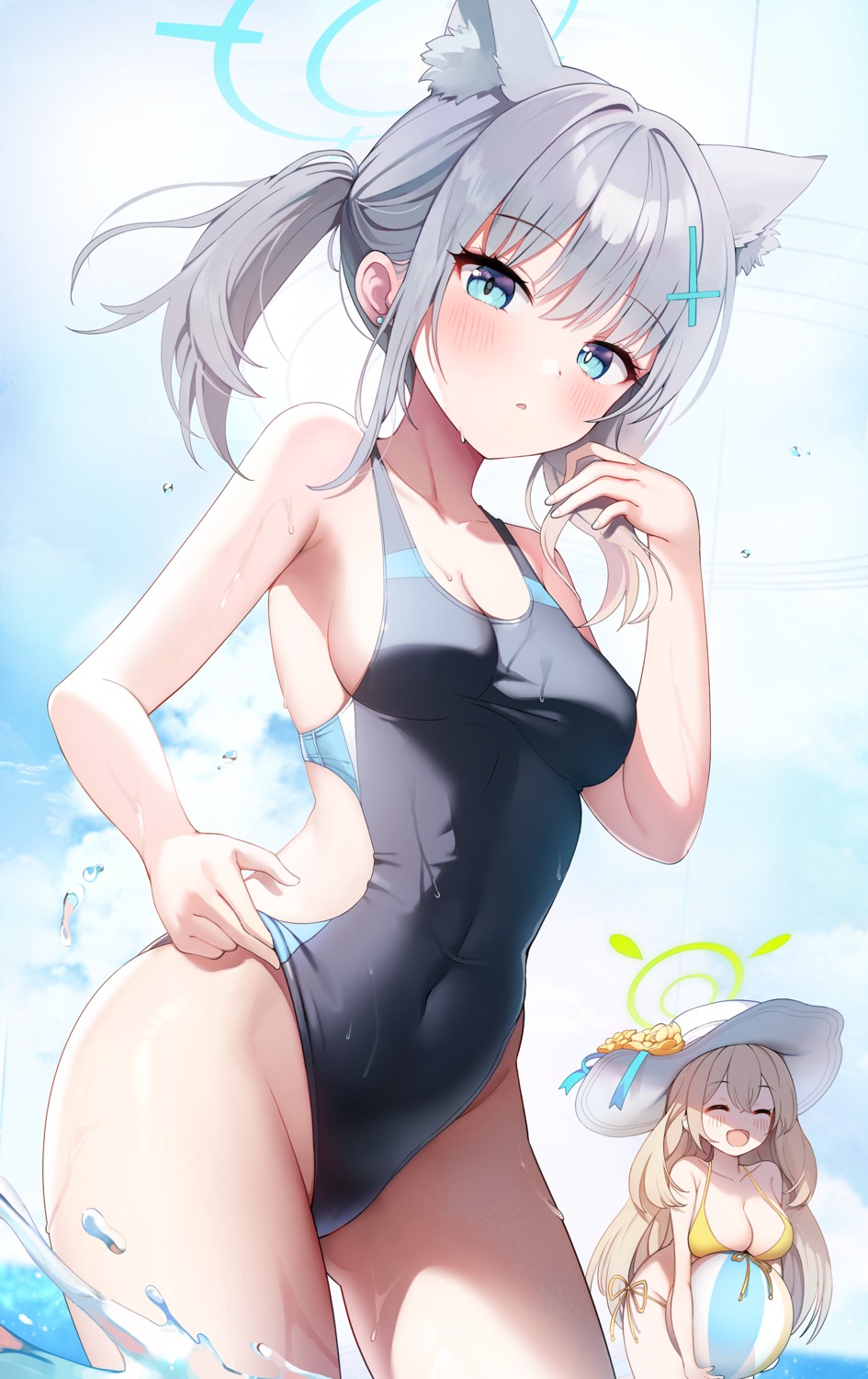 animal_ears bikini blue_archive halo izayoi_nonomi jehyun nekomimi sunaookami_shiroko swimsuits wet