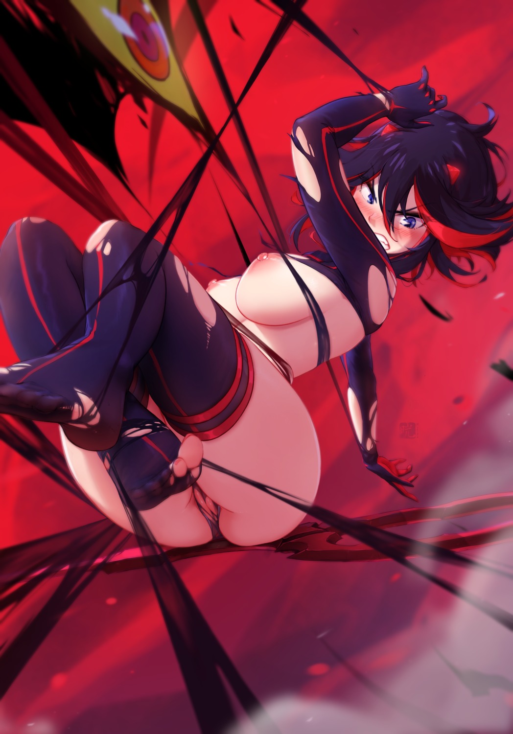 bondage heels kill_la_kill matoi_ryuuko mitsu_(mitsu_art) nipples no_bra pussy thighhighs torn_clothes