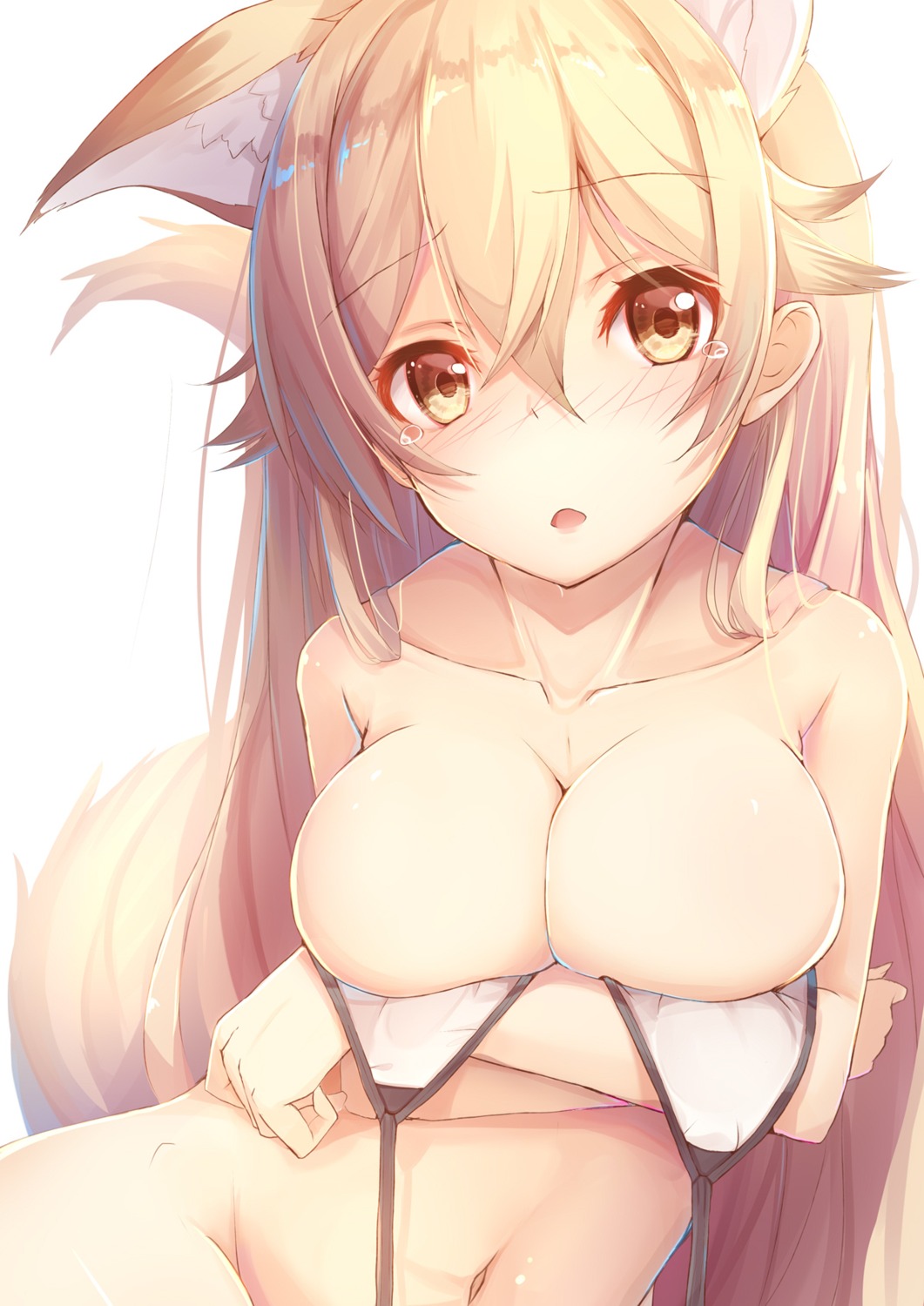 animal_ears bikini_top bottomless breast_hold cleavage ezo_red_fox kemono_friends swimsuits tail tatapopo undressing