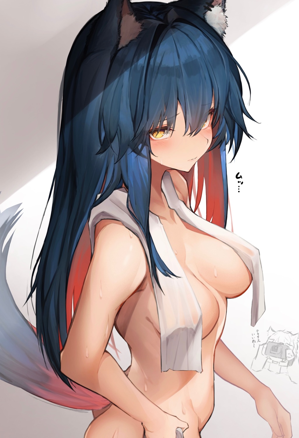 animal_ears arknights naked tab_head tail texas_(arknights) towel wet