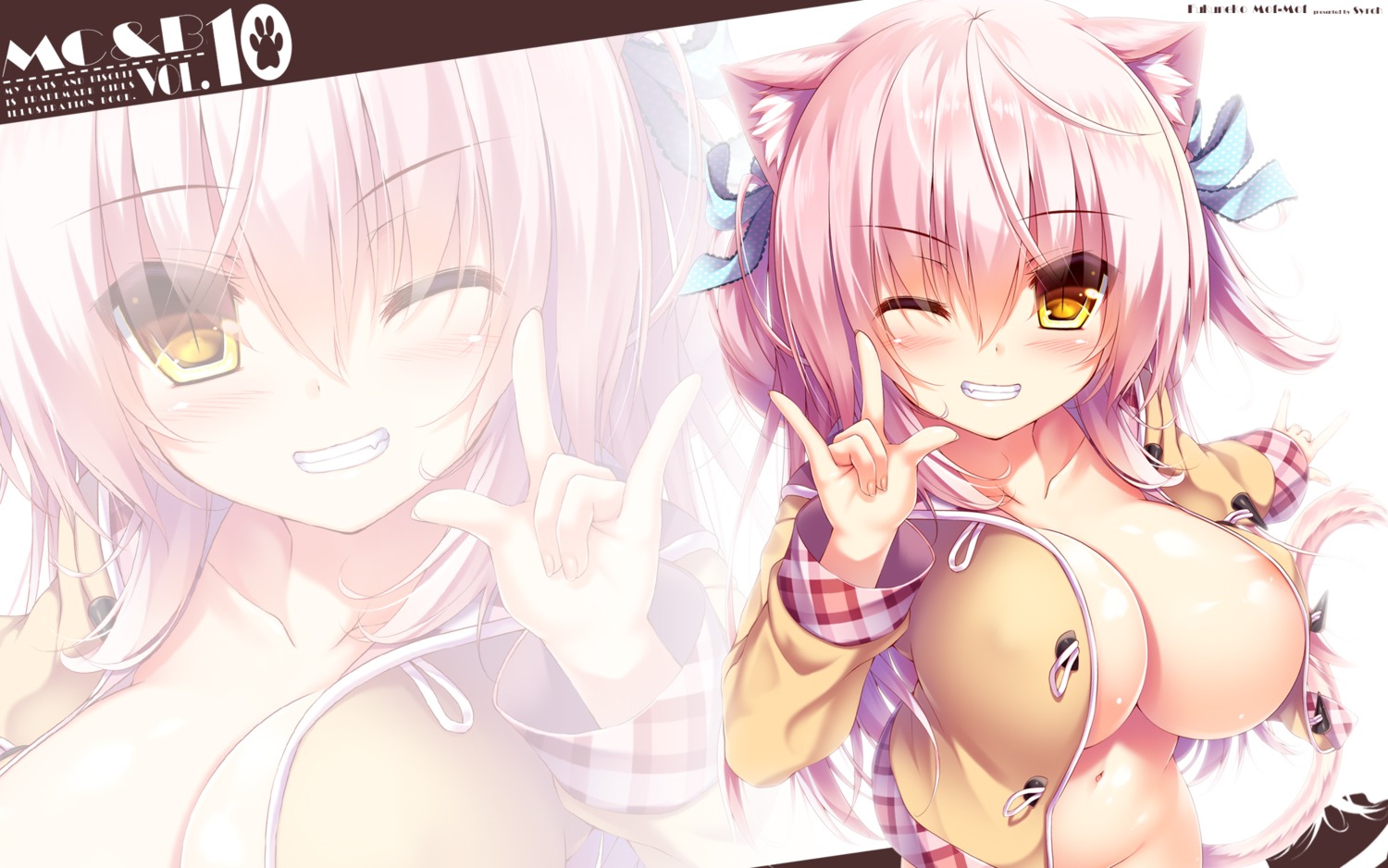 animal_ears areola breasts nekomimi no_bra nopan open_shirt shia_flatpaddy syroh tail wallpaper