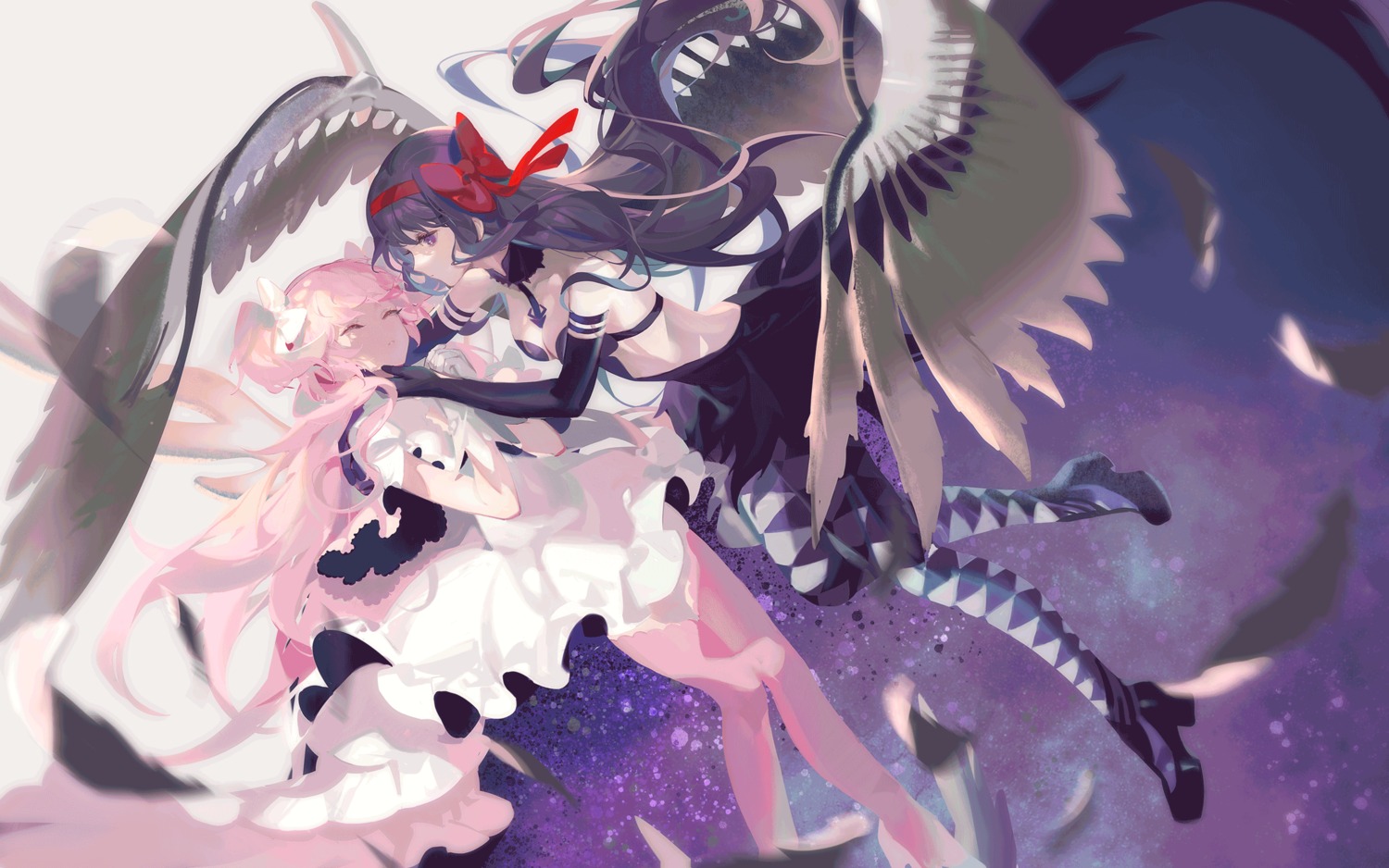 akemi_homura dress heels kaname_madoka mahou_shoujo_madoka_magica no_bra pantyhose samo_(shichun_samo) skirt_lift ultimate_madoka wings yuri