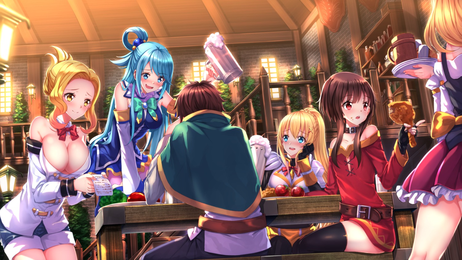 aqua_(konosuba) armor cleavage dress dustiness_ford_raratina kono_subarashii_sekai_ni_shukufuku_wo! luna_(konosuba) megumin no_bra open_shirt satou_kazuma swordsouls thighhighs waitress wallpaper