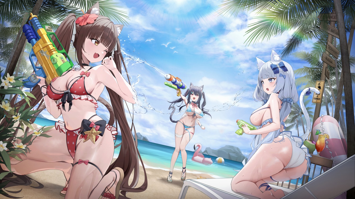 animal_ears ass bikini cat_fantasy chocola crossover garter gun nagul nekomimi nekopara swimsuits tail vanilla wet