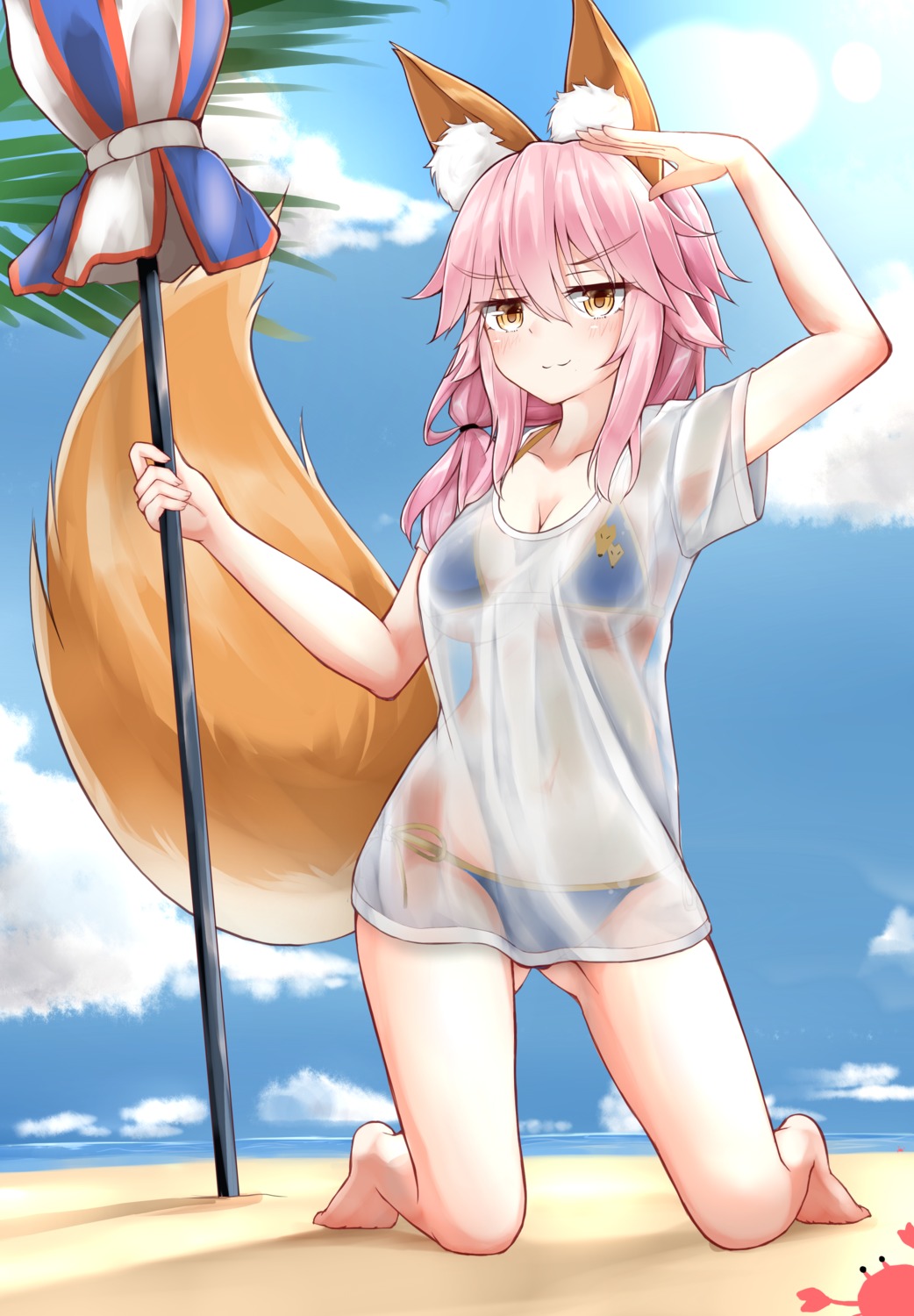 animal_ears bikini cleavage fate/extra fate/stay_night kitsune moyoron see_through swimsuits tail tamamo_no_mae wet_clothes