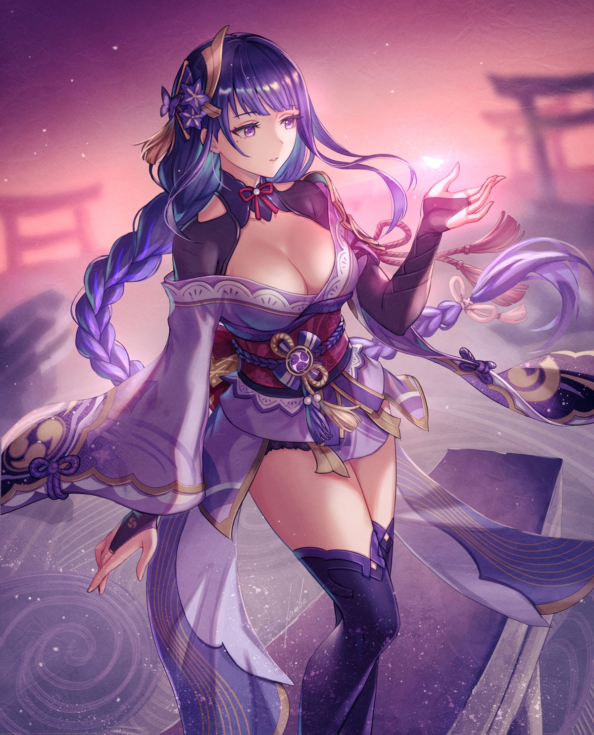 anbe_yoshirou armor genshin_impact japanese_clothes no_bra open_shirt raiden_shogun thighhighs