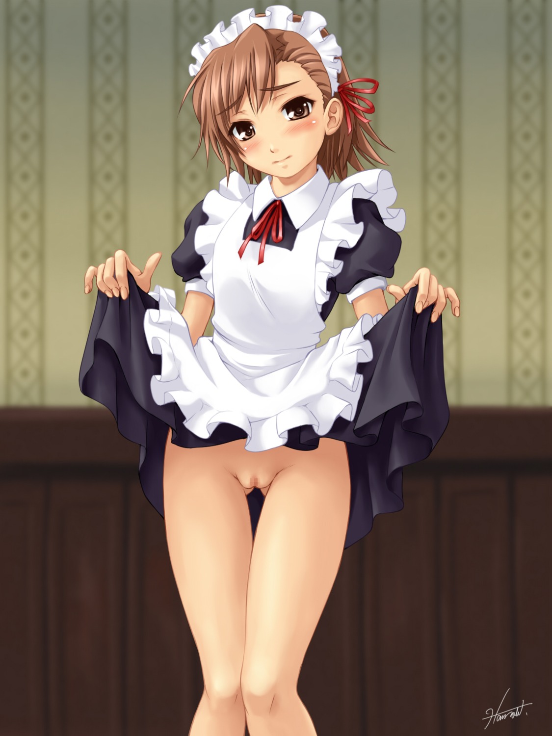 censored kagehara_hanzow maid misaka_mikoto nopan pussy skirt_lift to_aru_majutsu_no_index
