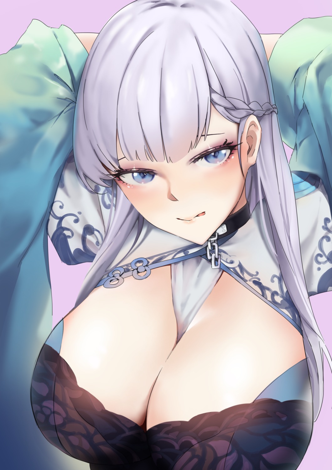 asian_clothes azur_lane belfast_(azur_lane) cleavage see_through yamiiv