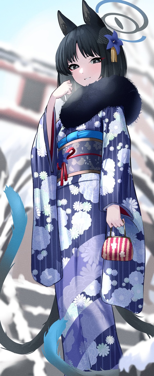 animal_ears blue_archive halo kimono kiryuu_kikyou nekomimi nichijo_(artist) tail