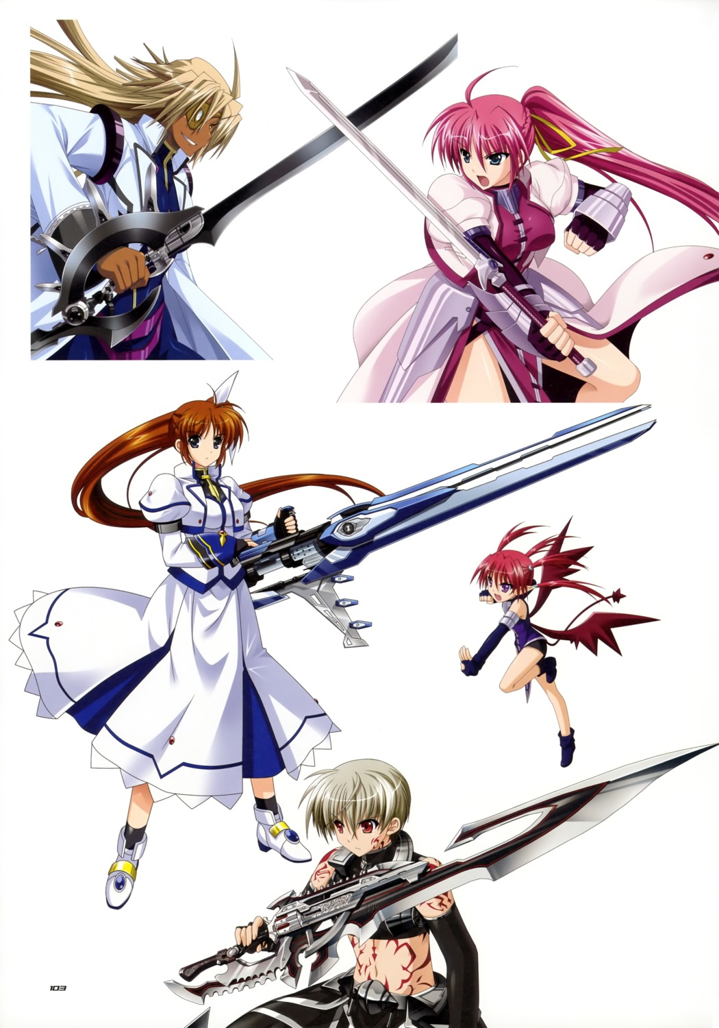 agito armor cypha_of_huckebein devil dress eyepatch gun higa_yukari mahou_senki_lyrical_nanoha_force mahou_shoujo_lyrical_nanoha signum sword takamachi_nanoha tohma_avenir wings