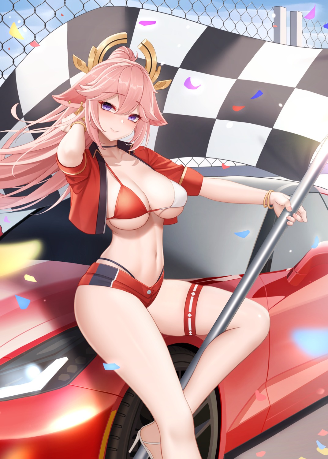 animal_ears bikini garter genshin_impact heels kitsune open_shirt swimsuits wei_xiao yae_miko