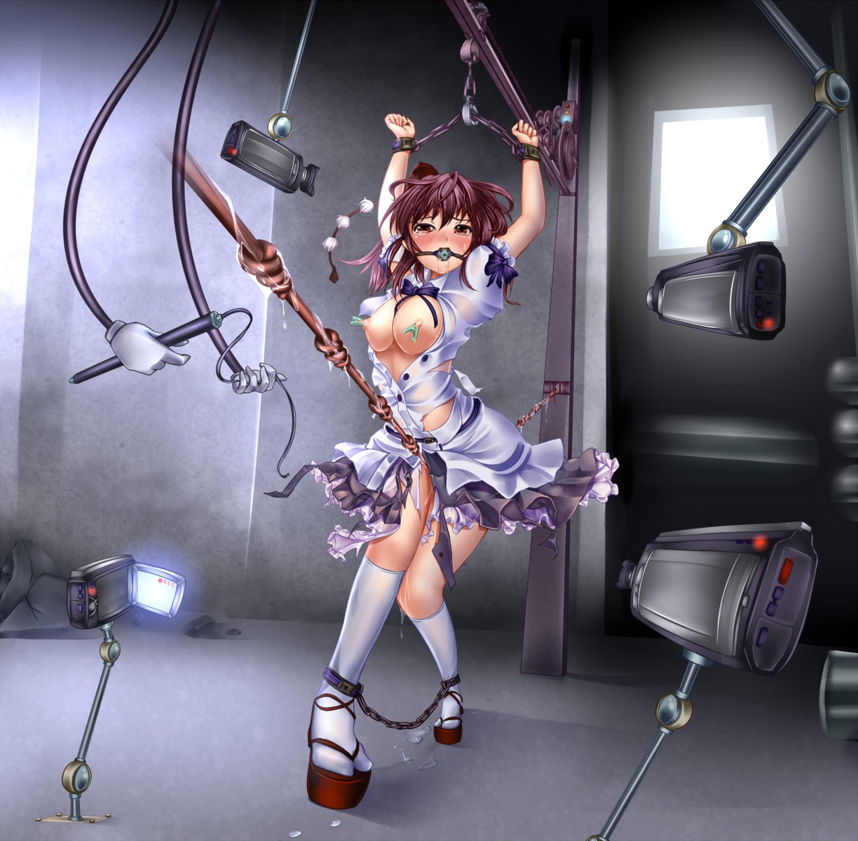 bondage breasts monikano nipples open_shirt pussy_juice shameimaru_aya torn_clothes touhou