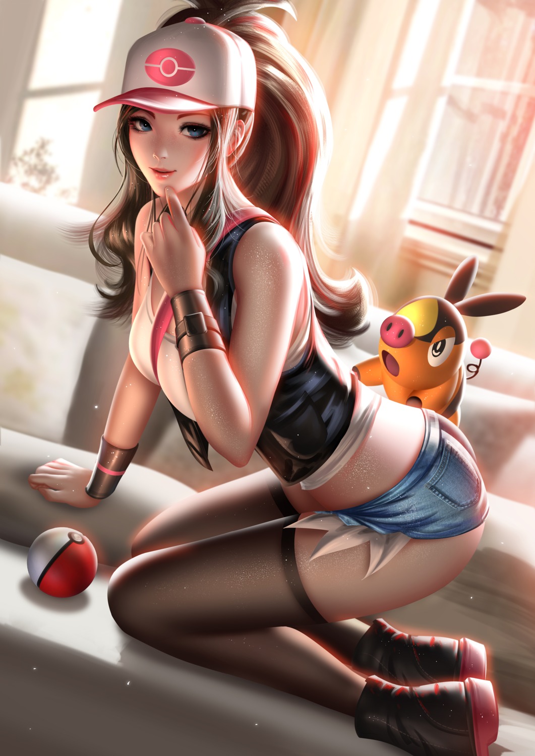 liang_xing pokemon pokemon_bw tepig thighhighs touko_(pokemon)