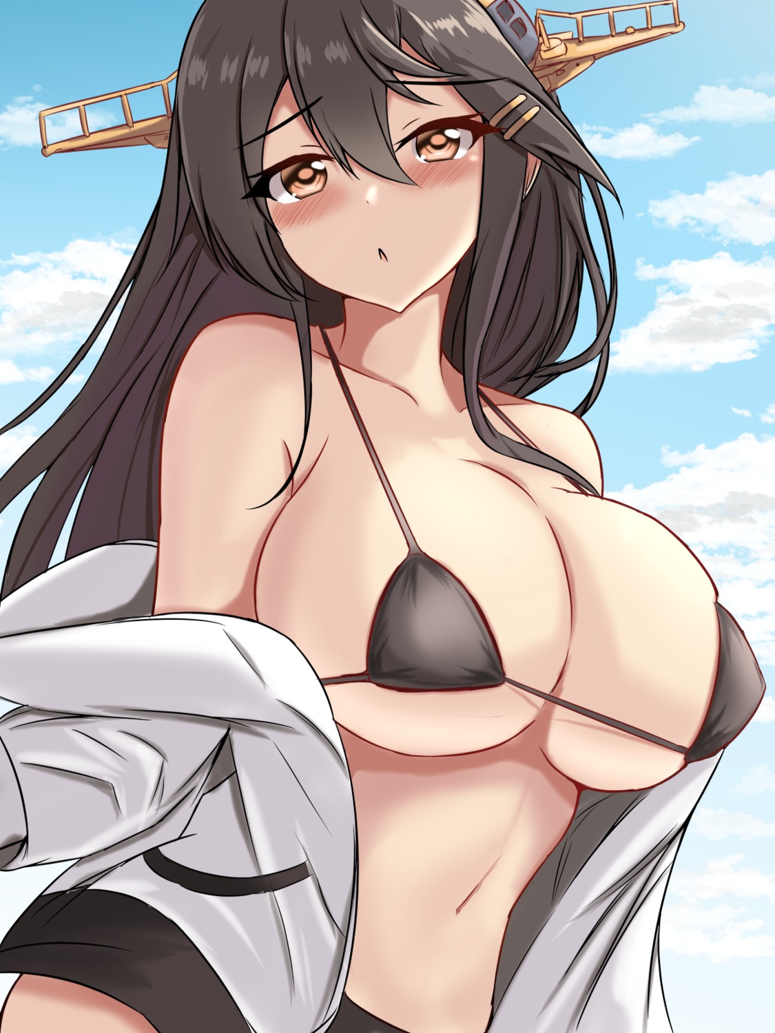 bikini haruna_(kancolle) kantai_collection montemasa open_shirt swimsuits